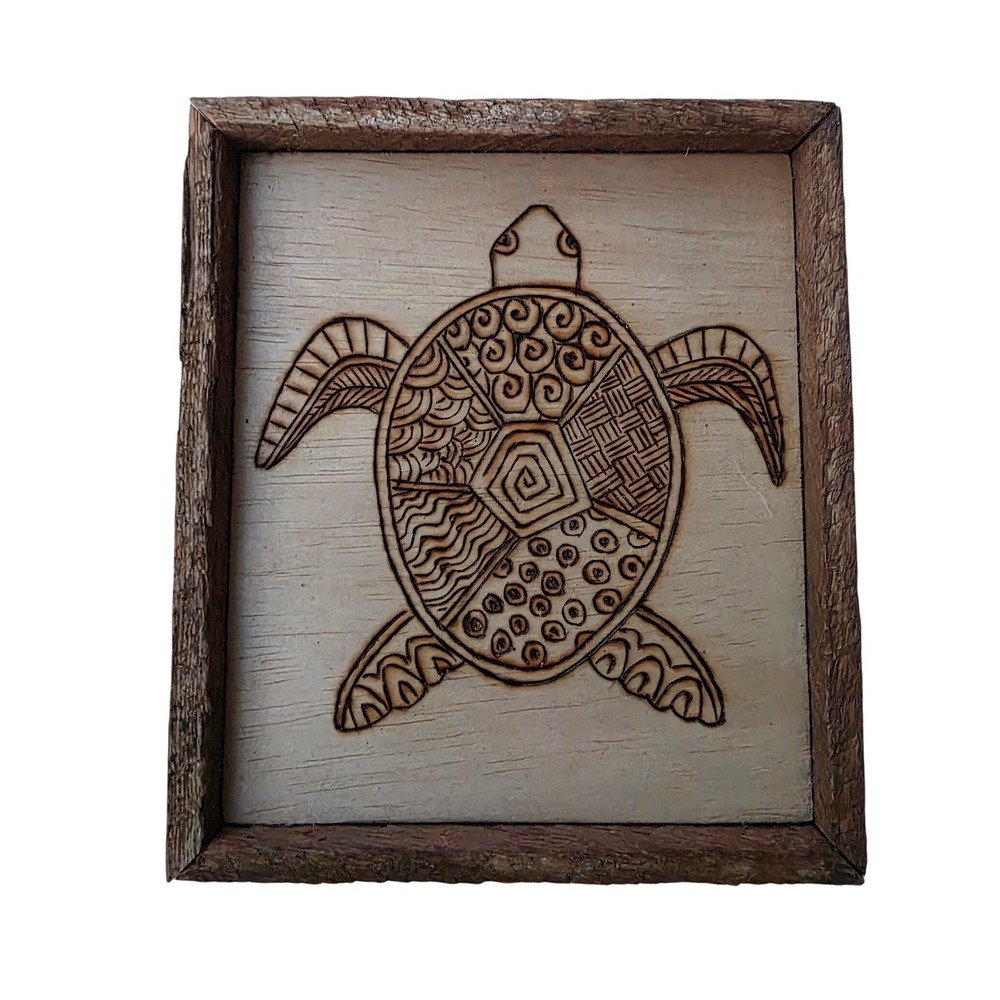Handmade Wood Burned Sea Turtle Wall Art Rustic Reclaimed Wood Frame Pyrograp E3